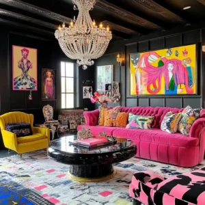 Dopamine Decor trend w salonie czarna ściana