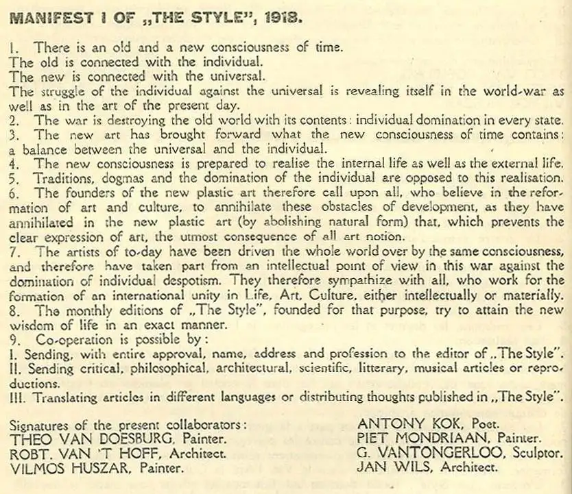 Manifest I of „The Style" [sic]", opublikowany w czasopiśmie De Stijl, tom II, nr 1 (listopad 1918), strona 4