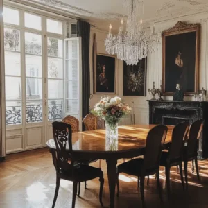 Styl paryski salon w czarnym kominkiem