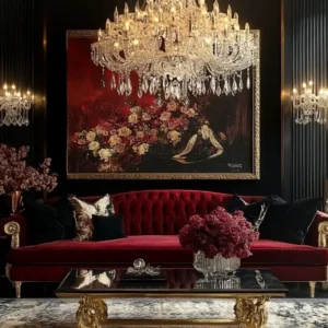 welurowa czerwona sofa w salonie w stylu Hollywood Regency