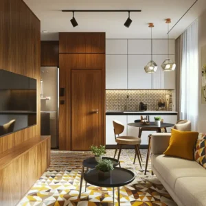 Salon z kuchnią 20m2 mid century drewno prl