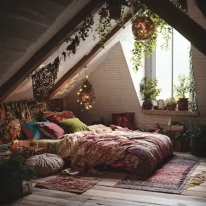 boho romatyczna sypialnia na poddaszu