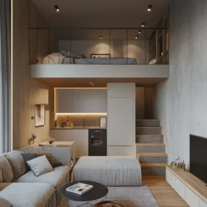 mały salon z antresolą styl industrialny
