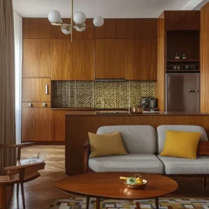 mid century Salon z kuchnią 20m2