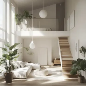 salon z antresolą styl skandynawski