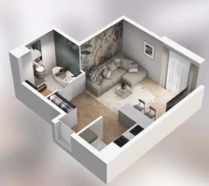 Rzut kawalerki 3D 30 m2 - Nowa pabianicka