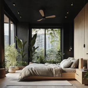 czarny sufit w sypialni loft