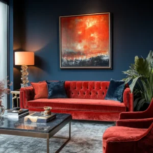 czerwona sofa na tle granatowej ściany