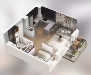 Kawalerka rzut 3D - 35m2 - Nowa pabianicka