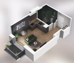 Rzut kawalerki 27m2 3D - Czysta 4